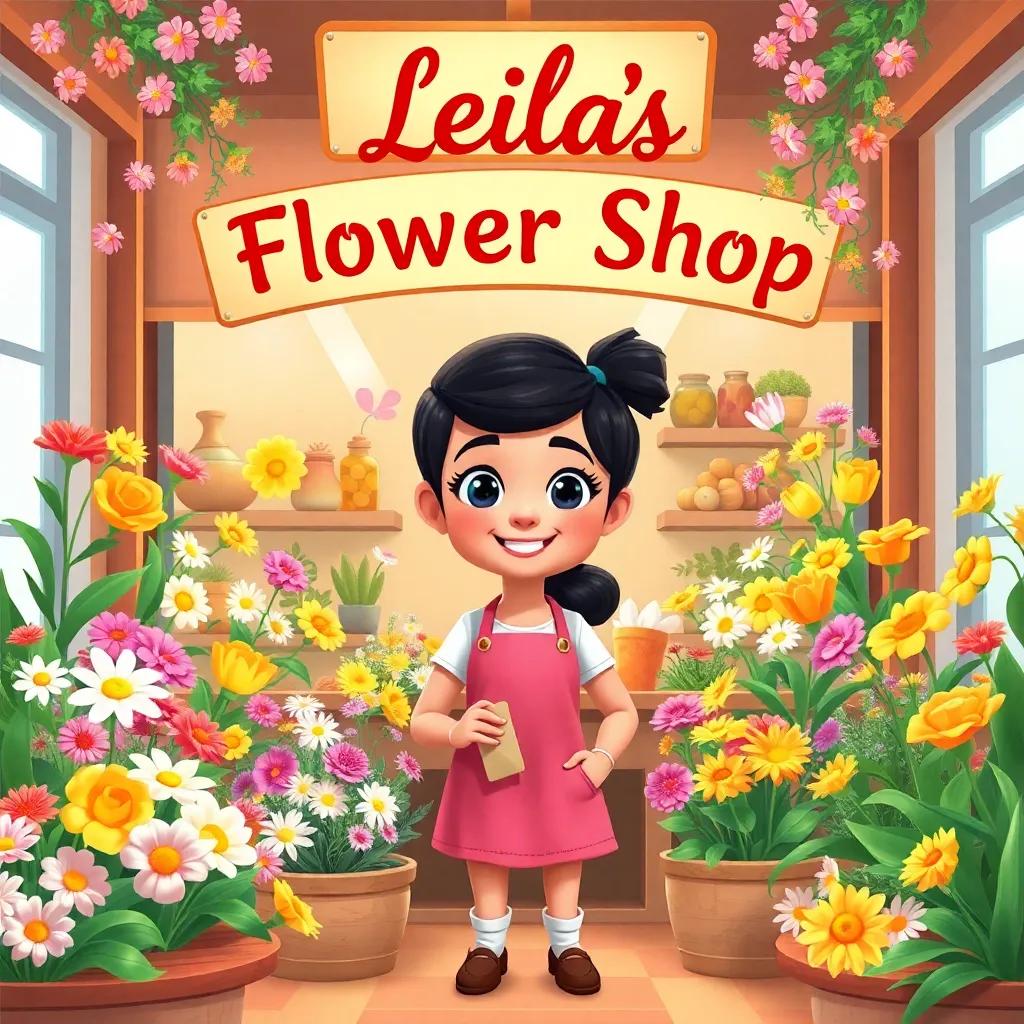 Leila as a successful florist, surrounded by blooming flowers in her big shop with a sign that says 'Leila's Flower Shop', showing her happiness and achievement, digital art, colorful, uplifting, child-friendly