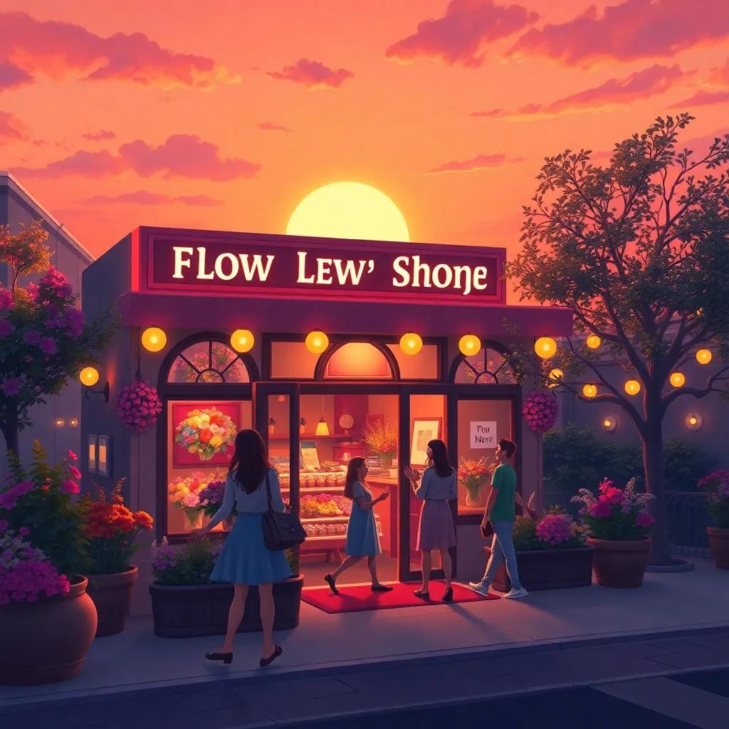 A beautiful sunset view of Leila's flower shop glowing with lights, cheerful customers leaving with flowers, a sense of joy and fulfillment in the air, warm color palette, digital painting, dreamy scene