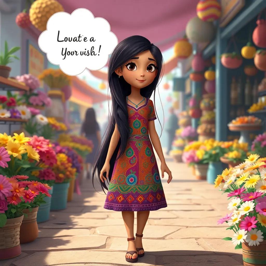Leila, a young Arab girl with long, dark hair in a colorful dress, walking through a marketplace filled with flowers, with a dream bubble showcasing her aspirations, bustling environment, whimsical art style, imagination
