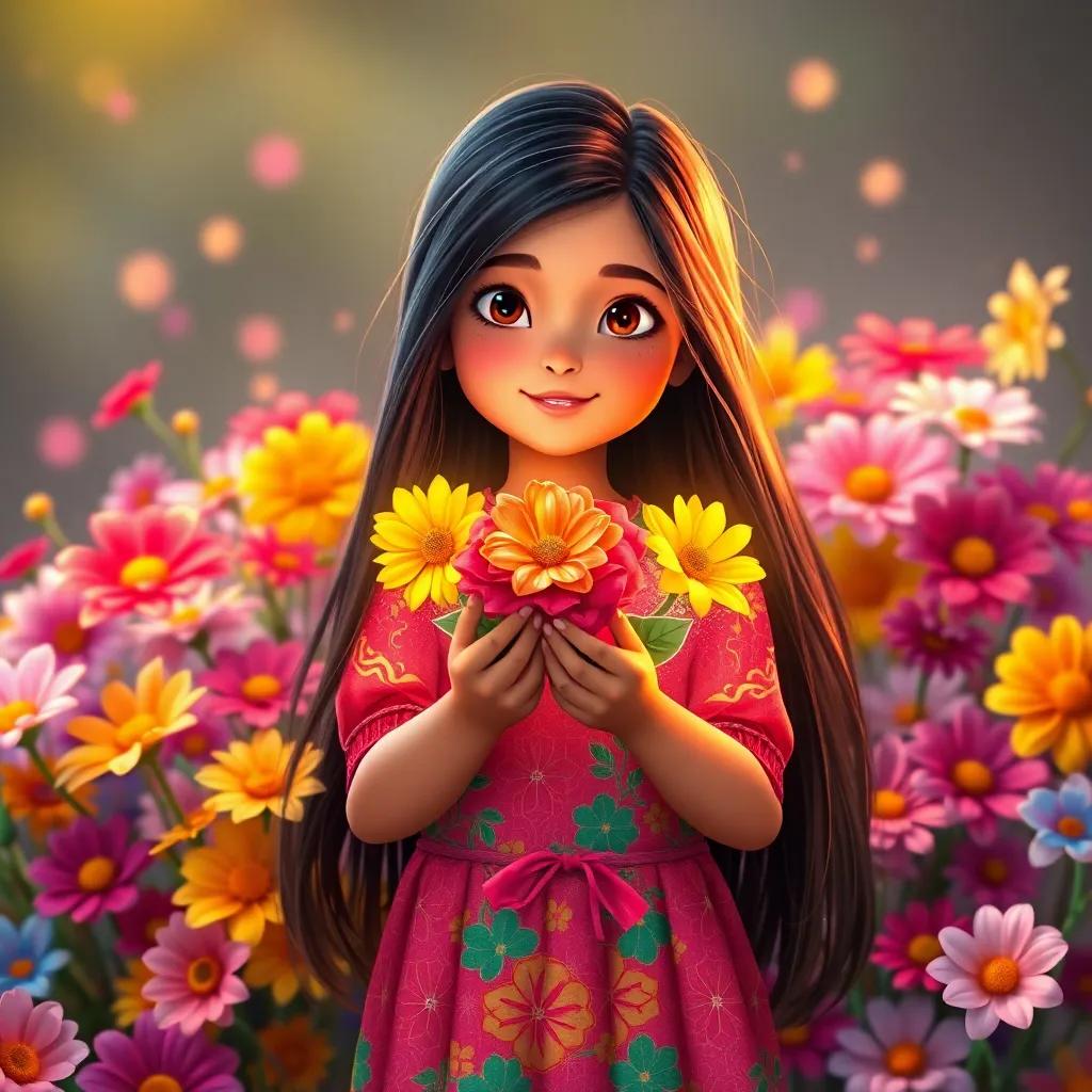 Leila, a young Arab girl with long, dark hair in a colorful dress, holding her flower dreams and aspirations in her hands, surrounded by colorful flowers that symbolize hope, digital artwork, vibrant and inspirational, high quality