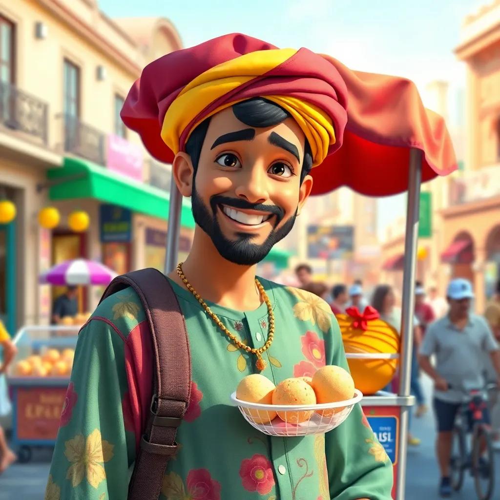A young Arab man, Sami, with a small beard wearing colorful clothes, carrying a vibrant candy cart filled with sweets, smiling joyfully in a bustling city square, bright sunny day, digital art, lively atmosphere, high resolution