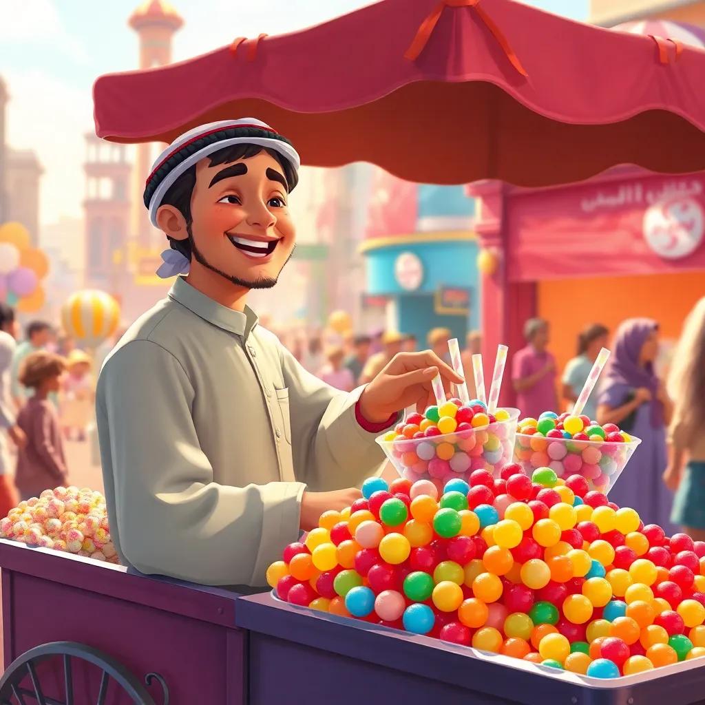 Sami, a young Arab man, joyfully preparing colorful candies in his cart, surrounded by an array of bright candies that sparkle in the sunlight, in a cheerful city filled with people, illustration, festive theme