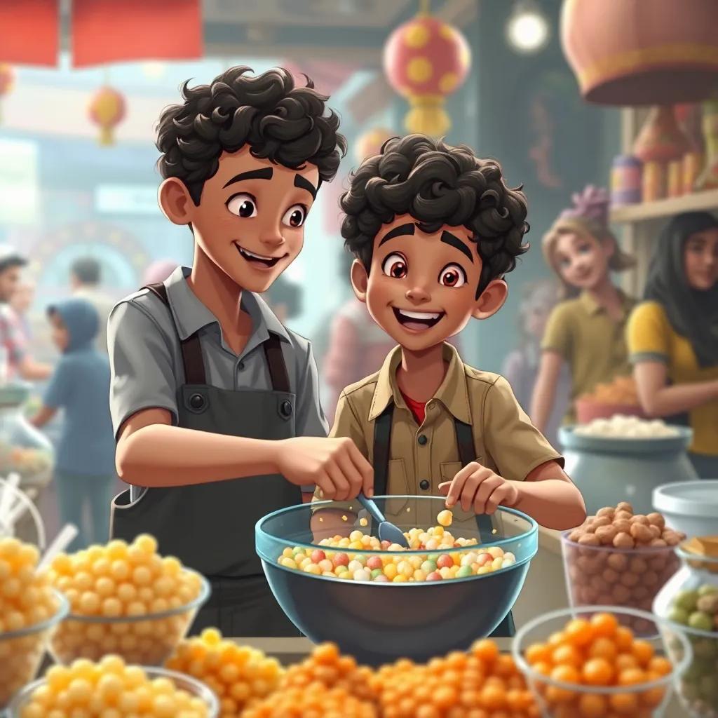 A young boy named Youssef, with curly hair and wearing a simple shirt, eagerly helping Sami, mixing candy ingredients in a big bowl, joyful expressions around them in the busy market, cheerful digital painting, heartwarming