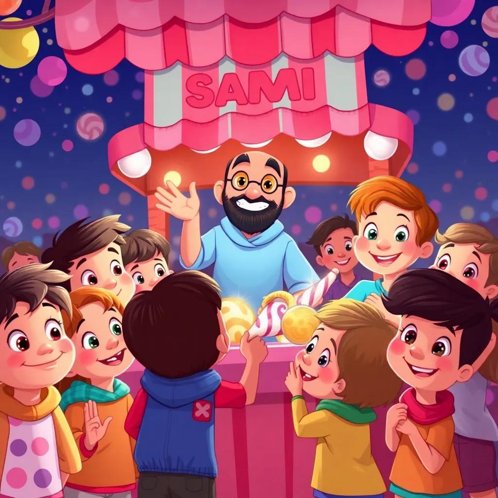 Children gathering eagerly around Sami's candy cart, with wide eyes and bright smiles, enjoying the sweet treats and sharing fun stories, colorful background filled with happiness, illustration, cartoon style
