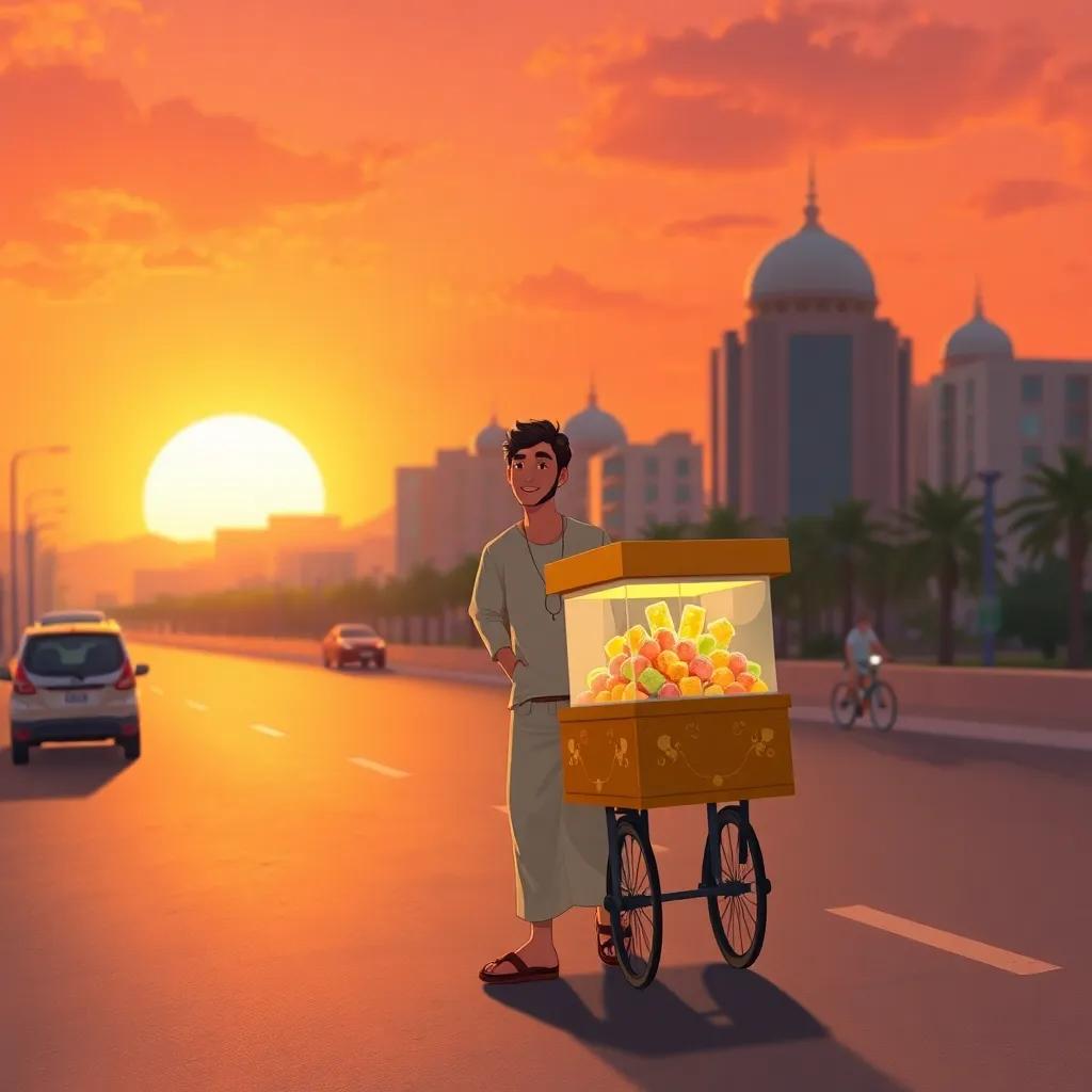 Sami, a young Arab man, leaving the city with his candy cart, under a beautiful sunset, feeling fulfilled and happy with the memories made, warm colors, serene atmosphere, high quality digital art