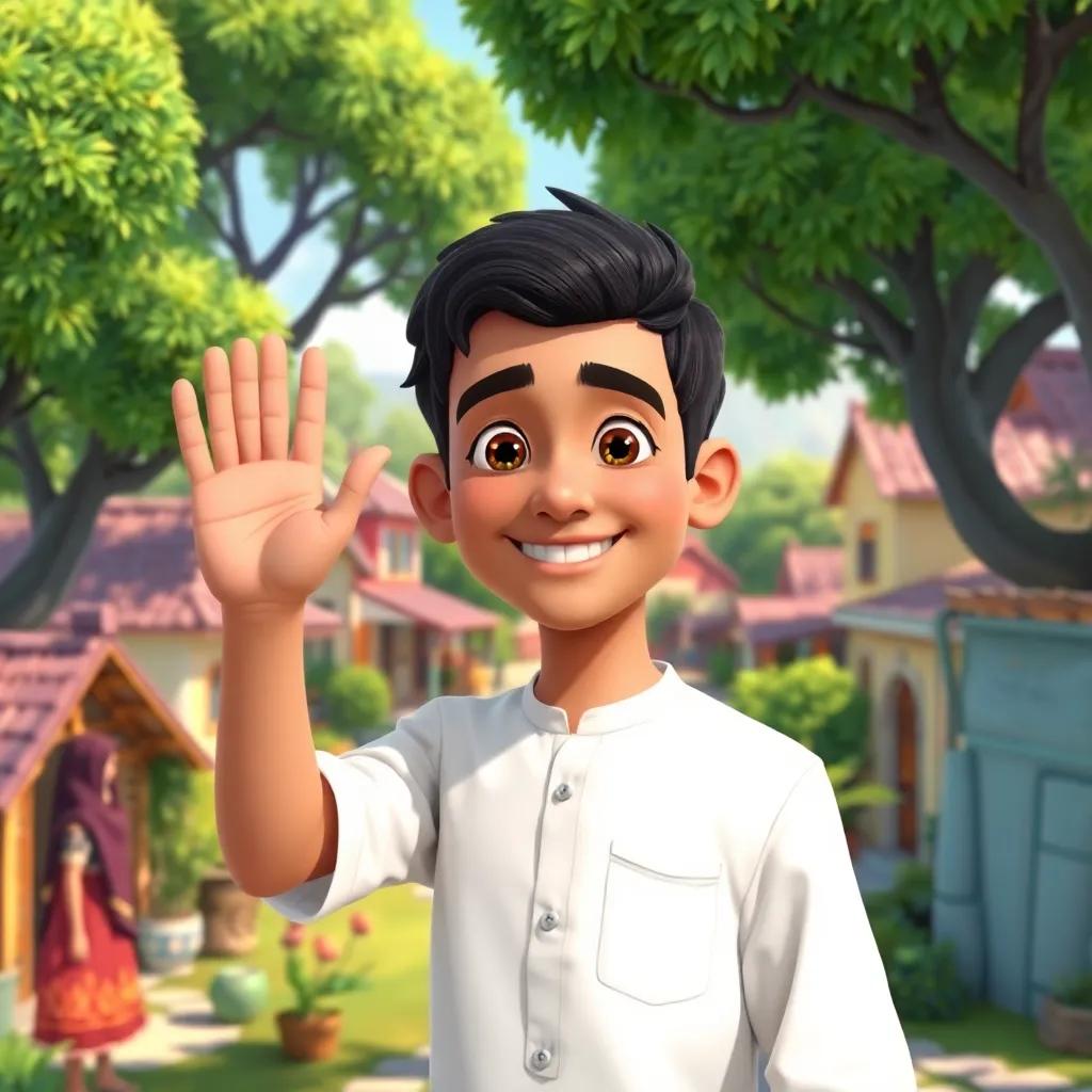 A serene small village with green trees and colorful houses, a young Arab man named Basel with short dark hair and a simple white shirt, smiling and waving at friendly villagers, digital art, bright colors, cheerful atmosphere, high quality