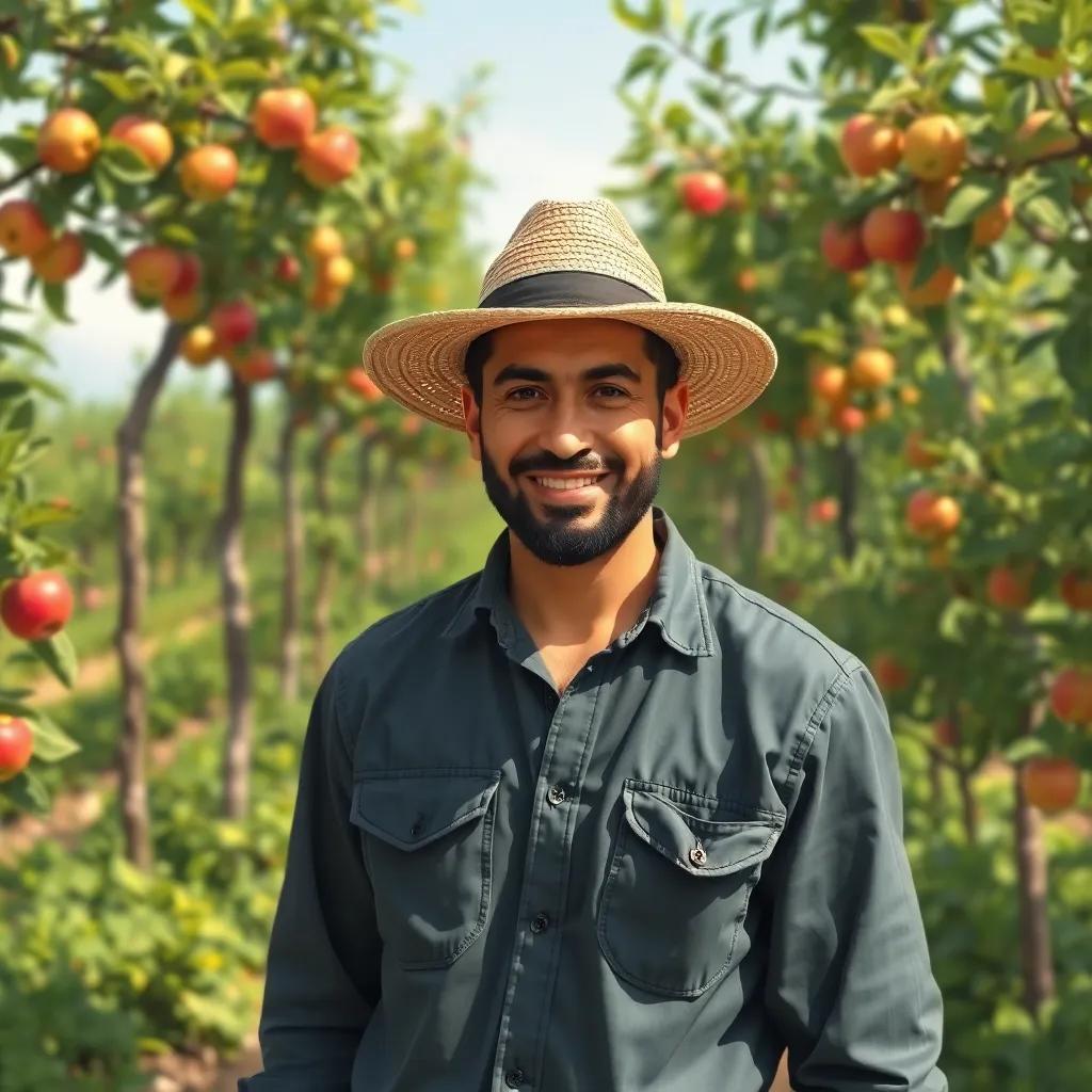 A farmer named Adel, a Middle-Eastern man in his 30s, wearing a straw hat, standing proudly in his lush vegetable garden with 23 apple trees, digital painting, bright colors, cheerful atmosphere, high quality
