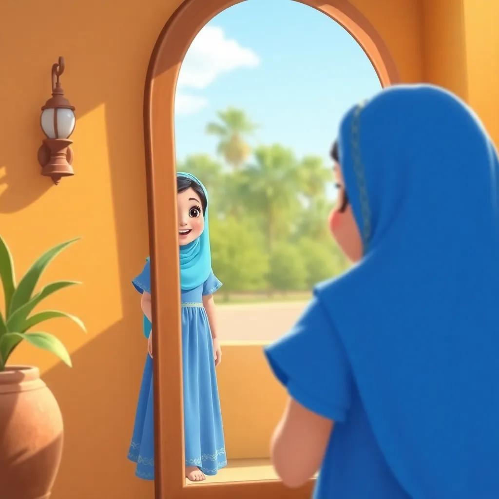 A sunny morning scene with a young Arab girl, Mariam, looking in the mirror, wearing a beautiful blue dress, excited expression, digital art, warm colors, cheerful atmosphere, high quality