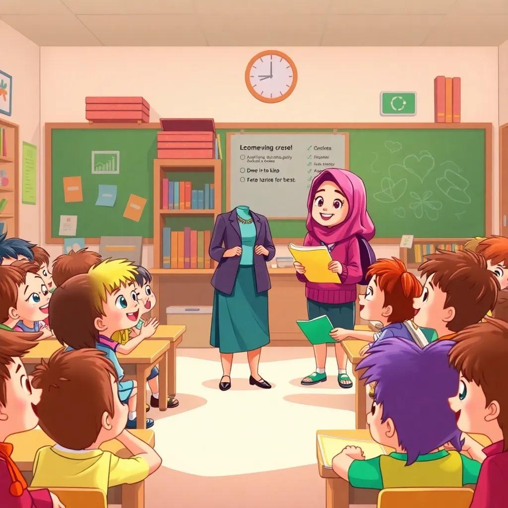 A classroom filled with children, a friendly teacher welcoming them with a smile, Mariam standing with excitement, discussing art and reading, engaging and lively scene, illustration, bright colors, inviting