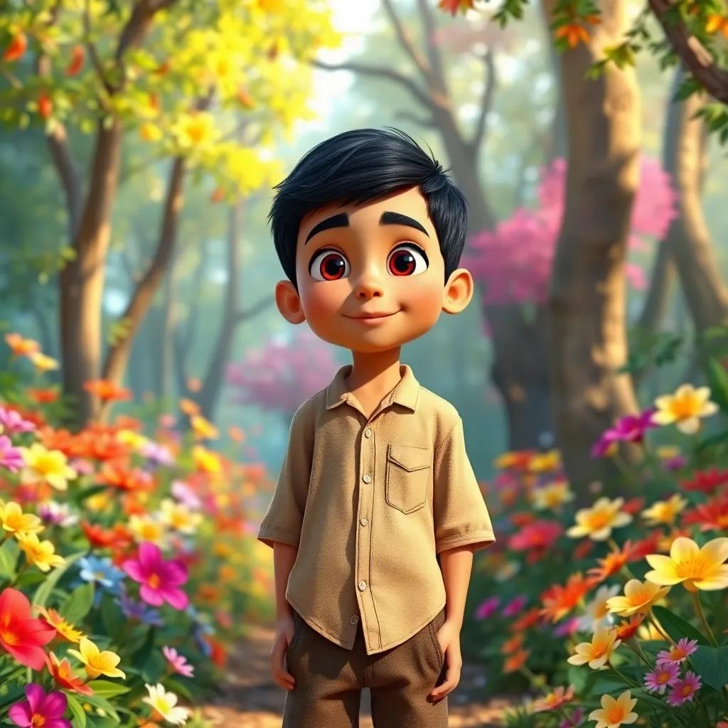 A young Arab boy, Bernard, with short black hair, wearing a simple shirt and shorts, standing in a beautiful forest with colorful magical flowers, vivid colors, cheerful atmosphere, high quality