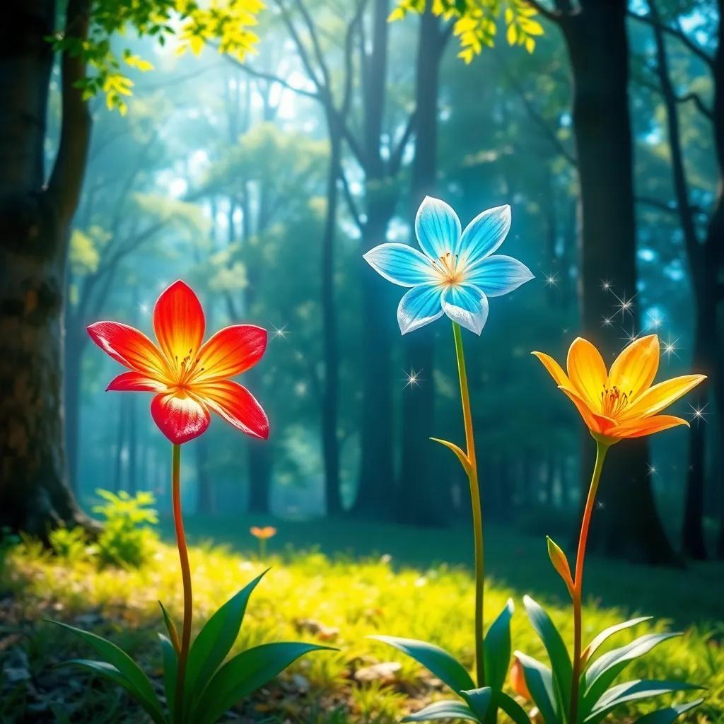 Three magical flowers, bright red, blue and yellow, sparkling with magic, in a sunlit forest clearing surrounded by trees, enchanting scene, vibrant colors, fairy-tale feeling, high quality