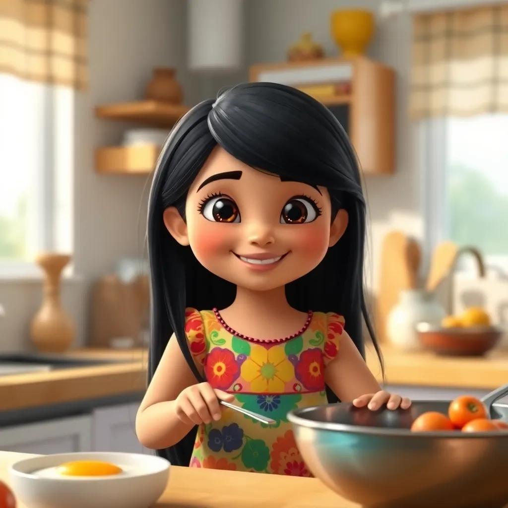 A young Arab girl, Sara, with long black hair, wearing a colorful dress, smiling in a bright kitchen, helping her mother prepare breakfast, digital art, warm colors, cheerful atmosphere, high quality