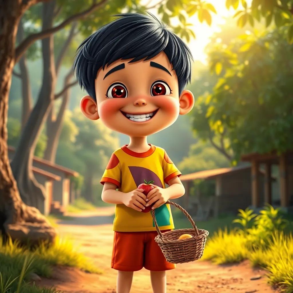 In a small village by the edge of a forest, a cheerful boy named Bassam with short black hair, wearing a colorful t-shirt and shorts, smiling brightly while holding a small fruit basket, morning sunlight, cozy atmosphere, warm colors, joyful perspective, high quality