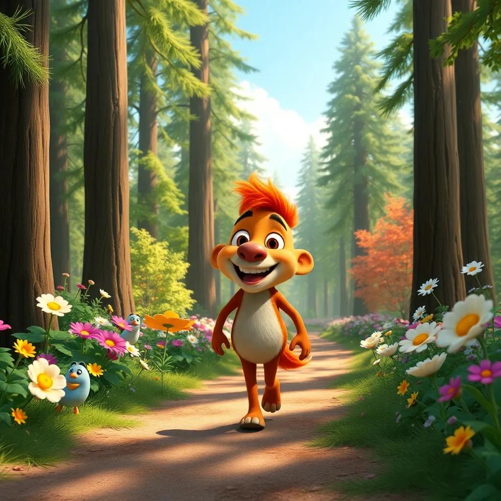 A sunny morning in the forest with Bassam, smiling as he walks along a path surrounded by tall trees and colorful flowers, playful creatures nearby, bright colors, cheerful lighting, happy perspective, high quality