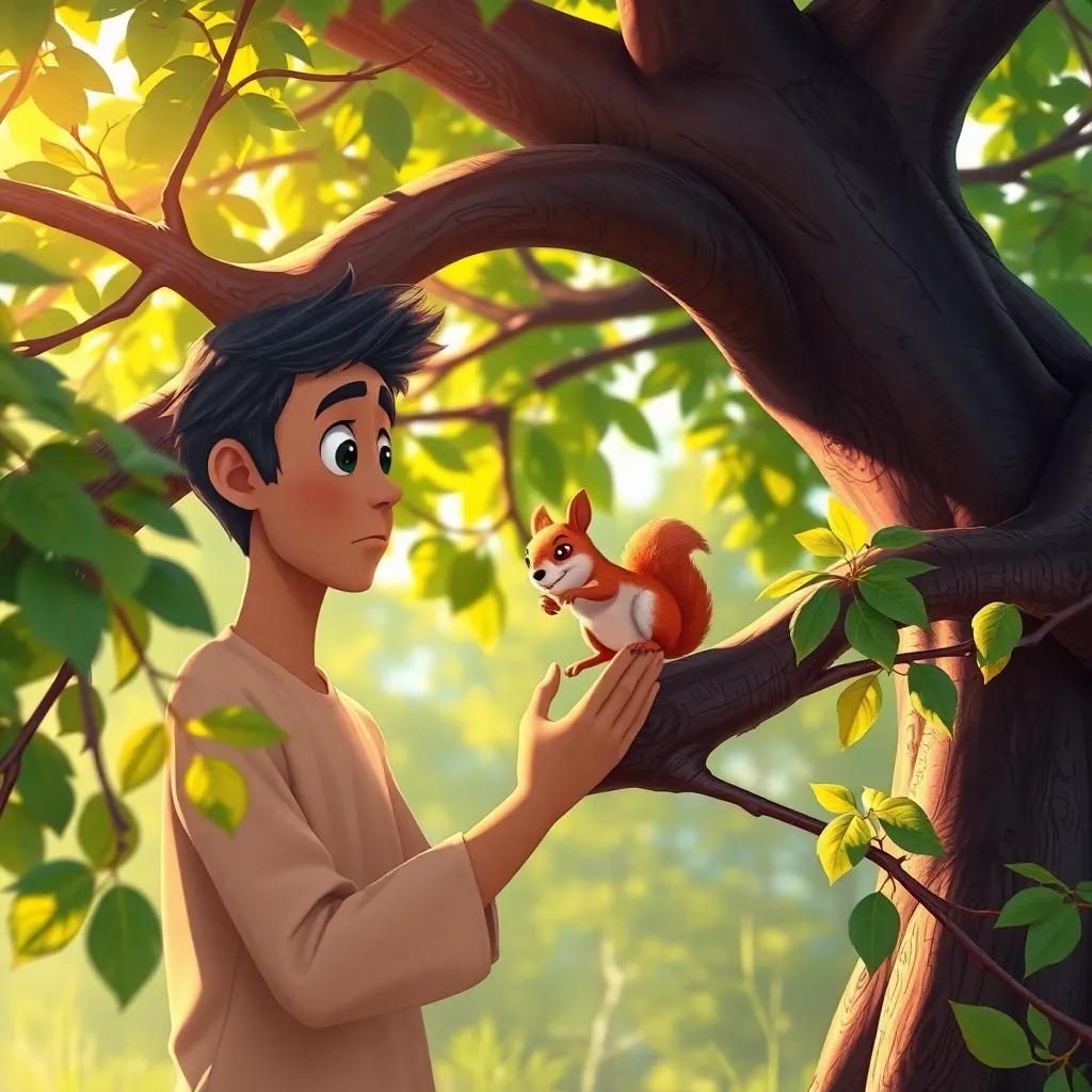 Bassam finding a small squirrel stuck in branches, looking concerned while gently helping the squirrel, the large tree providing shade, vibrant colors, warm sunlight filtering through the leaves, kind atmosphere, high quality