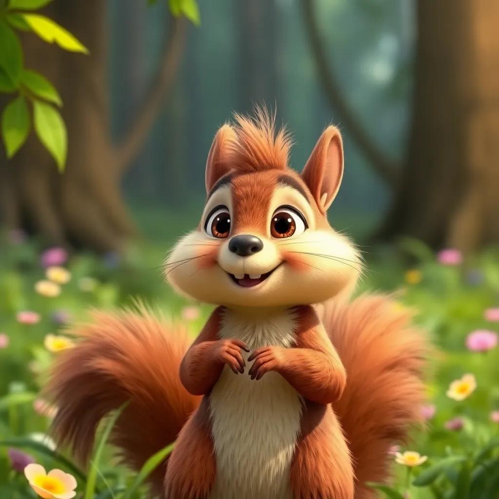 The grateful squirrel, Nuno, with fluffy brown fur and big eyes, thanking Bassam with excitement, surrounded by the forest's beauty, friendly atmosphere, bright colors, high quality