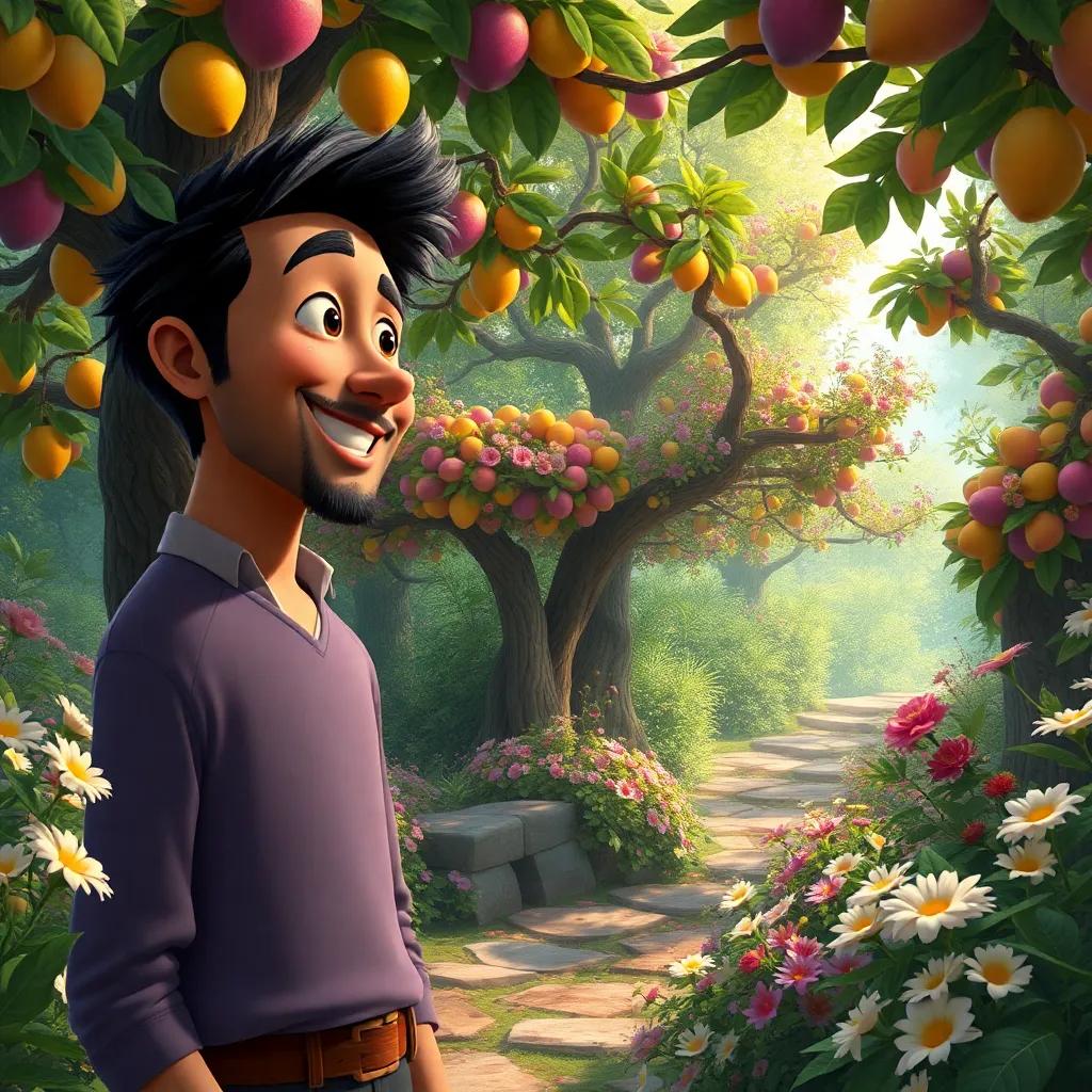 Bassam smiling as he listens to Nuno, showing the secret magical place filled with fruit trees and beautiful flowers, lush environment, enchanting colors, inviting perspective, high quality