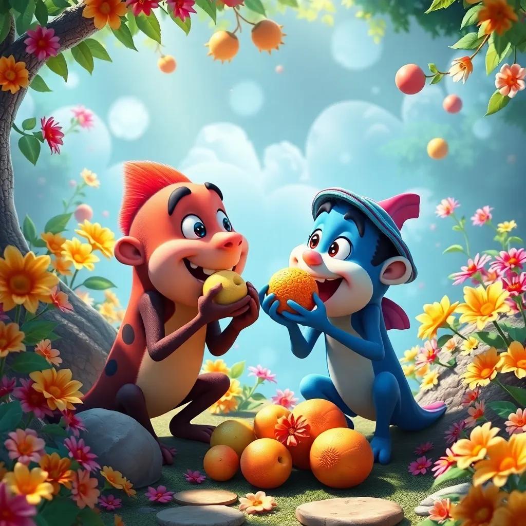 In the magical place, Bassam and Nuno playing and enjoying the vibrant fruits together, colorful flowers all around, fun and playful atmosphere, bright colors, high quality