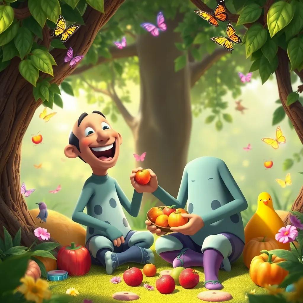 Bassam and Nuno having fun in their secret place, laughing and sharing fruits, surrounded by beautiful nature with butterflies and birds, joyful atmosphere, cheerful colors, high quality