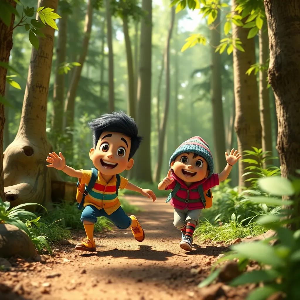 Bassam and Nuno exploring the forest together every day, finding new hidden spots and playing games, full of joy and laughter, dynamic perspective, bright and colorful, high quality
