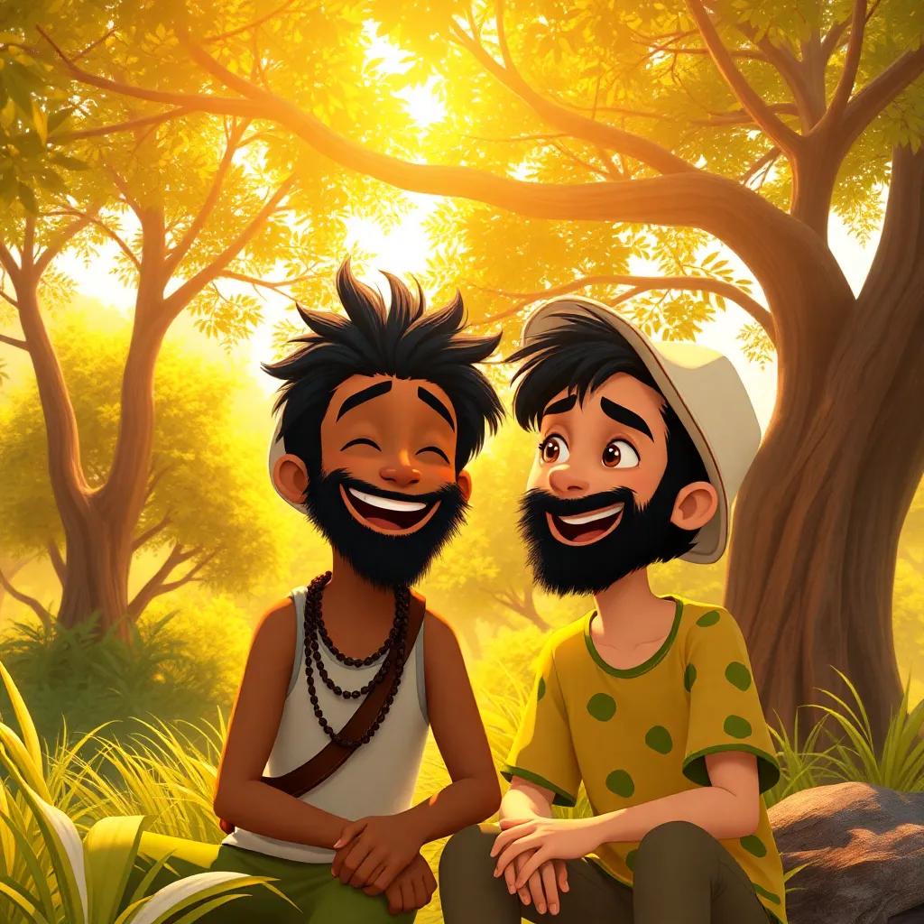 Bassam enjoying nature and friendship with Nuno, sharing smiles under the sun, trees swaying gently, happy and carefree atmosphere, warm colors, high quality