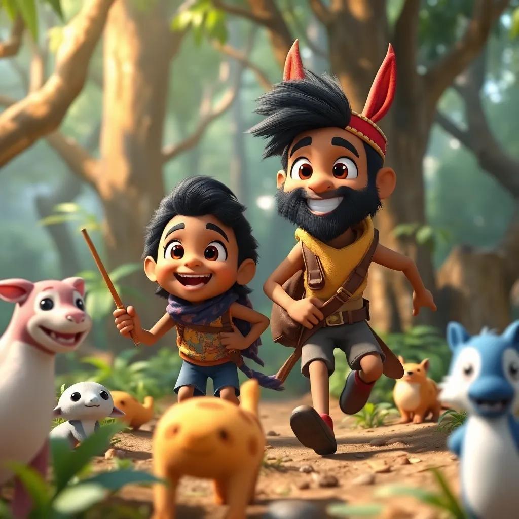 Bassam and Nuno continuing their exciting adventures in the forest, making new friends among the animals, vibrant and lively setting, shining colors, high quality