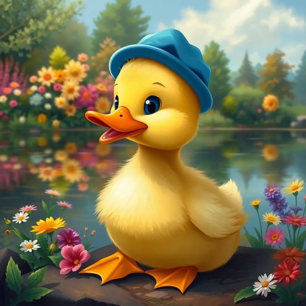 A cheerful little duck, Leila, with soft yellow feathers, wearing a small blue hat, sitting by a beautiful lake with colorful flowers around, digital art, vibrant colors, warm and inviting atmosphere
