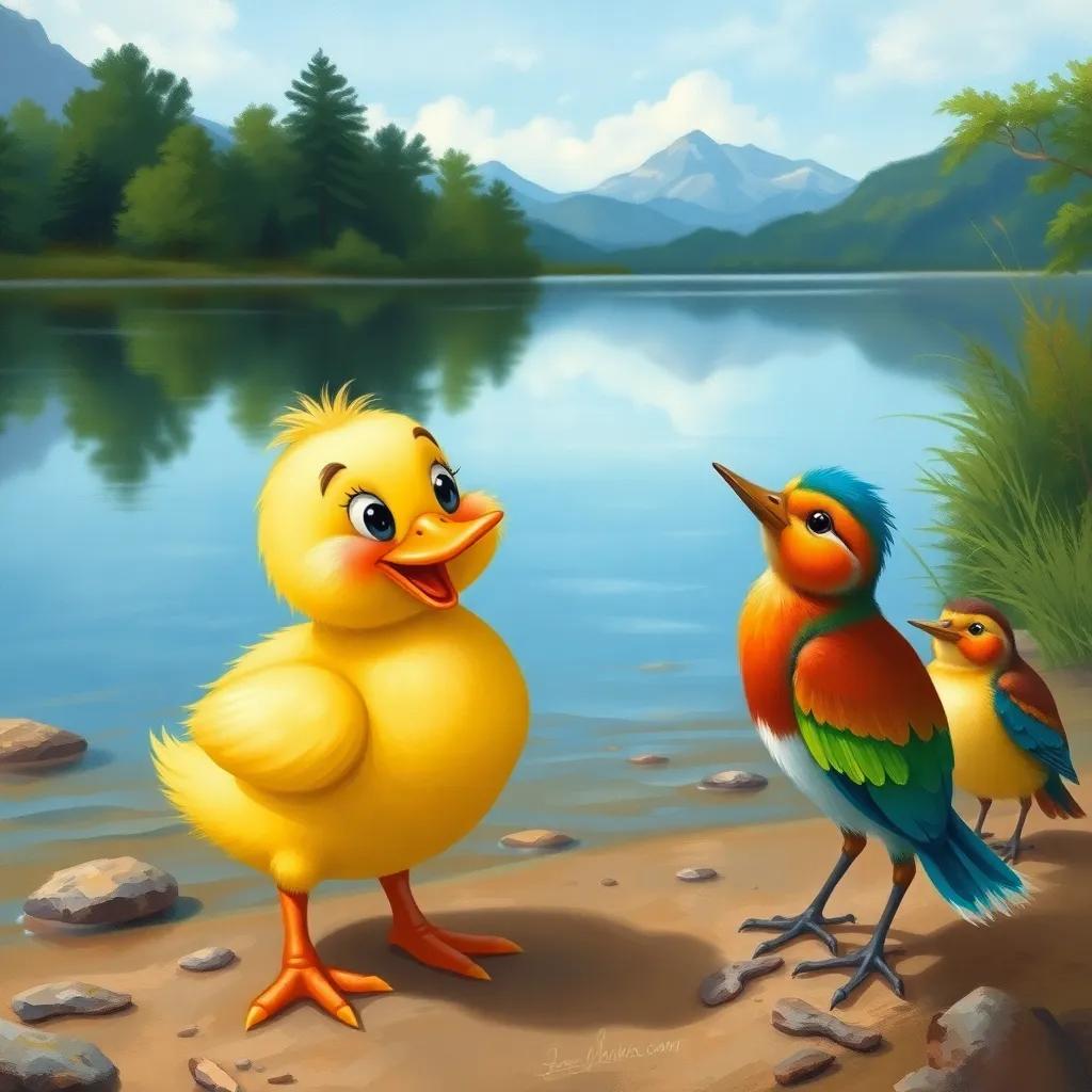 Leila, a cheerful little duck with soft yellow feathers, standing on the shore of the lake, looking excited while talking to Tariq, a small colorful bird with bright feathers, surrounded by curious friends, illustration, cheerful, adventure-themed, child-friendly