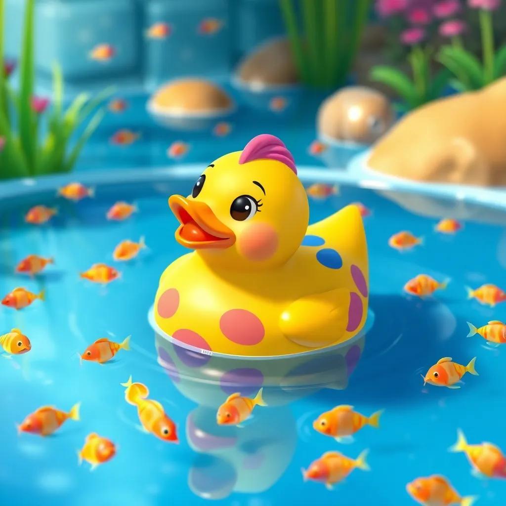 A colorful rubber duck named Lulu, swimming happily in a blue pond surrounded by small fish, colorful and vibrant setting, cheerful atmosphere, playful scene, digital art, bright colors, detailed, inviting feel