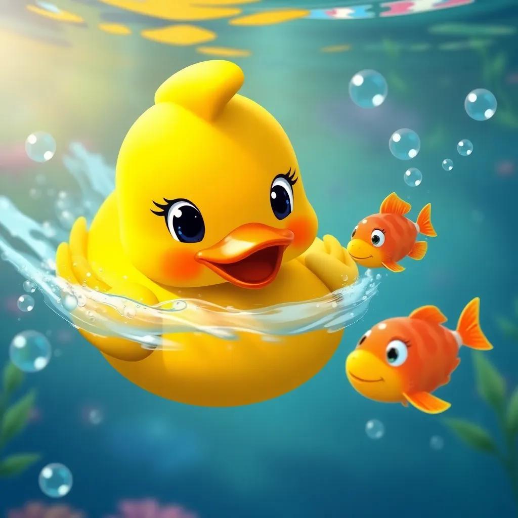 Lulu the colorful rubber duck swimming fast in the pond with a small fish asking her to play, underwater world filled with vibrant colors and lovely bubbles, child's perspective, joyful art, uplifting scene, high quality