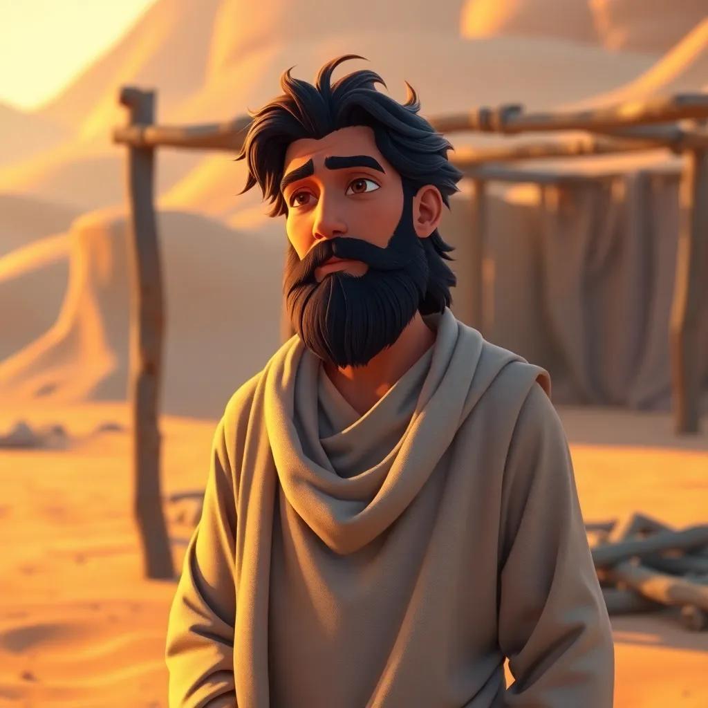 A bearded man, Ibrahim, standing with a thoughtful expression, wearing simple robes, in a desert landscape with sand and sun, helping to build a structure, digital art, warm colors, inspirational atmosphere, high quality
