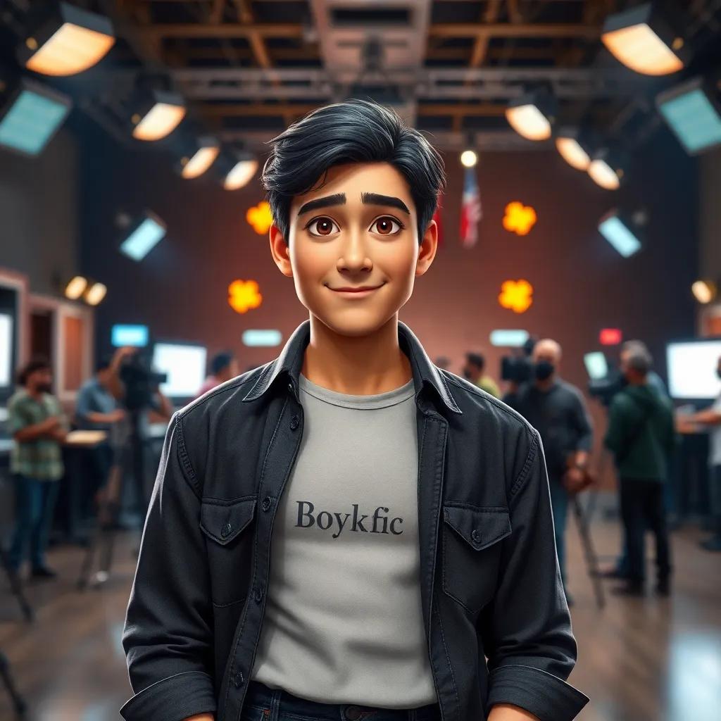 A famous American actor, Boyka, with short dark hair, wearing a casual shirt and jeans, in a bustling film studio with bright lights and crew members around him, illustrating a lively and energetic atmosphere, digital art, vibrant colors, high quality