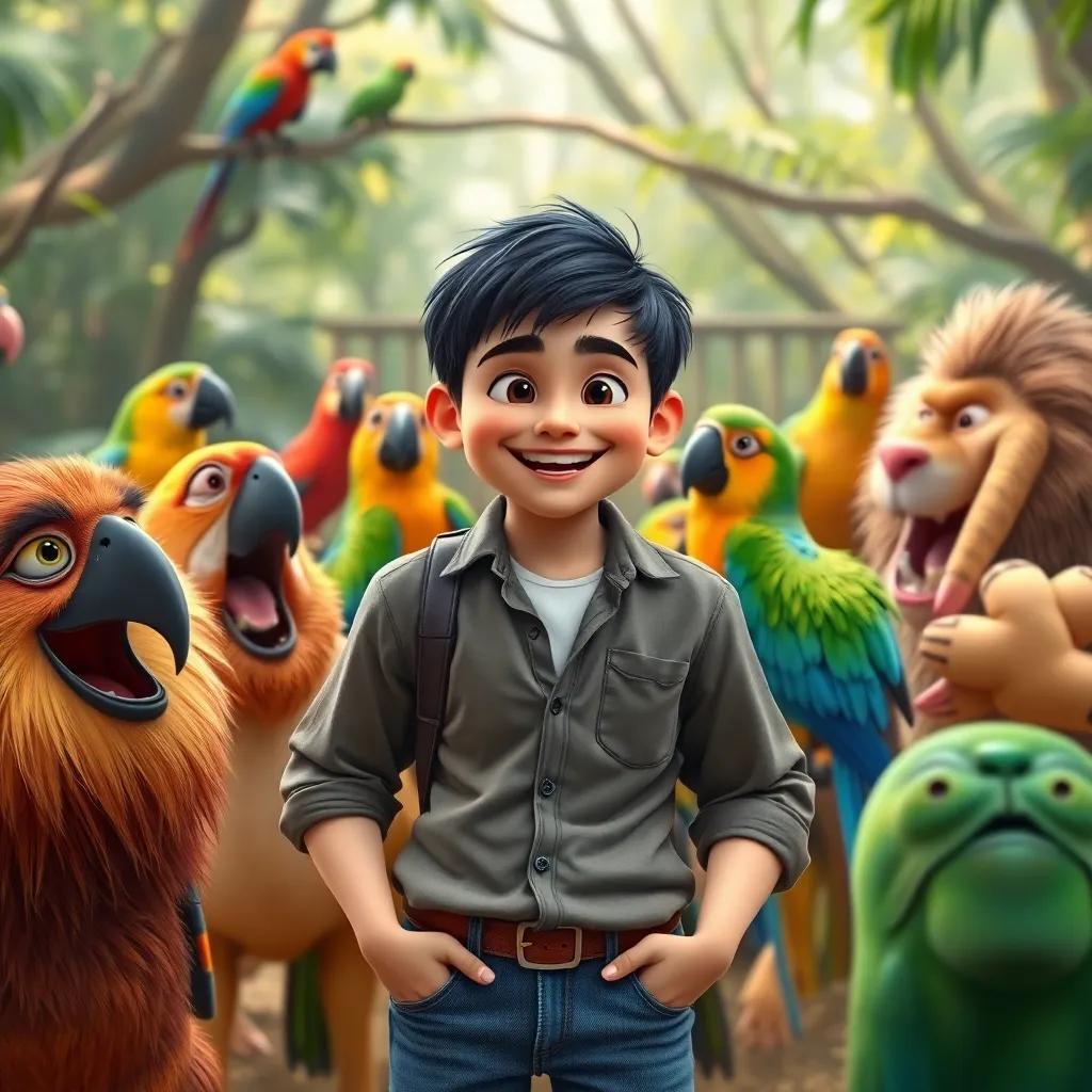 A cheerful American actor, Boyka, with short dark hair, wearing a casual shirt and jeans, in a zoo surrounded by colorful parrots and lions, with friends laughing and enjoying their day, cheerful, engaging scene, child-friendly, vibrant colors