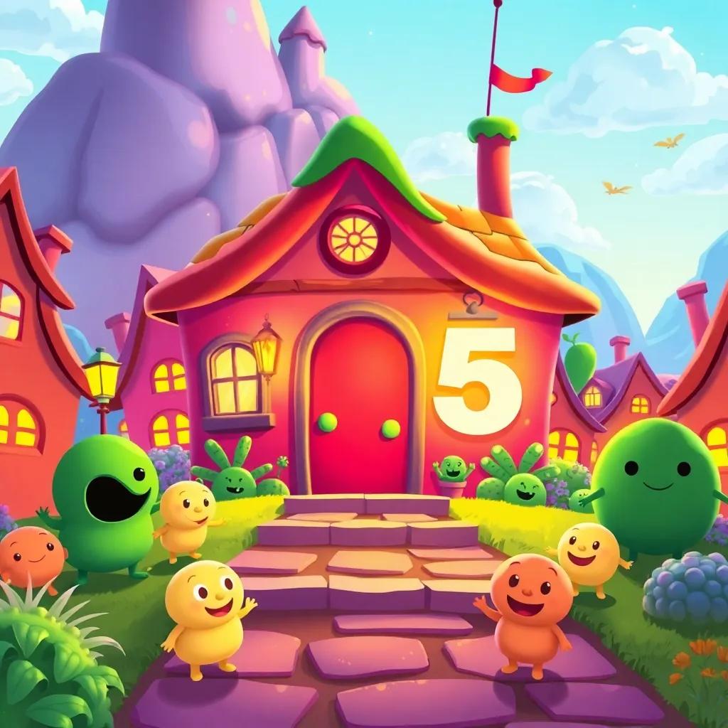 A colorful illustration of a magical town named the Land of Strange Numbers, showing a special house called House of Five with a big bright number '5' on the door, with excited numbers waiting outside, vibrant colors, cheerful atmosphere, cartoon style, high quality