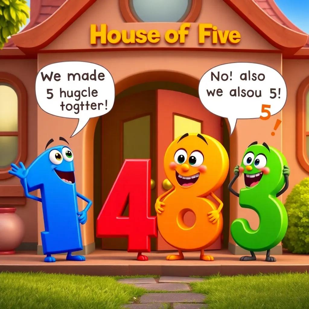 An animated scene showing numbers arguing outside House of Five: number 1 and number 4 happily saying, "We make 5 together!" and number 2 and number 3 shouting, "No, we also make 5!", with colorful expressions, playful background, engaging, cartoon style, high quality
