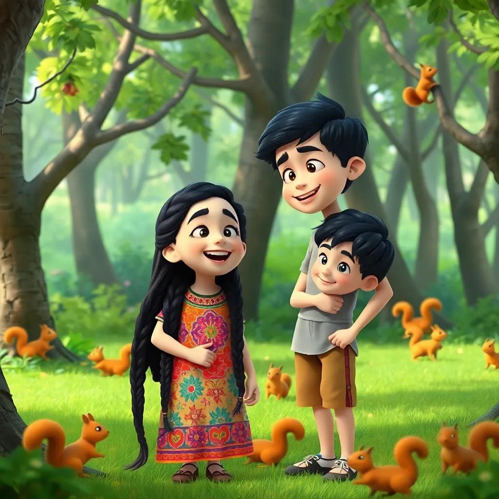 A young Arab girl, Biso, with long, dark braided hair, wearing a colorful dress, laughing and standing next to her brother, Hamood, a young Arab boy with short dark hair, dressed in a simple t-shirt and shorts, surrounded by trees and playful squirrels in a vibrant green forest, cheerful atmosphere, engaging, digital art, high quality