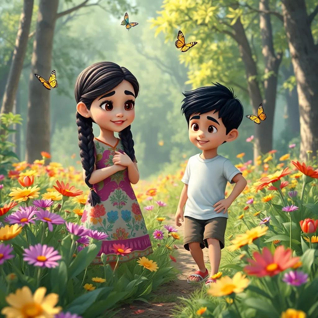 Biso, a young Arab girl with long, dark braided hair in a colorful dress, and Hamood, a young Arab boy with short dark hair in a t-shirt and shorts, exploring a colorful flower garden in the forest, a bright and sunny day; butterflies fluttering around them, cheerful and adventurous scene, detailed, inviting, high definition