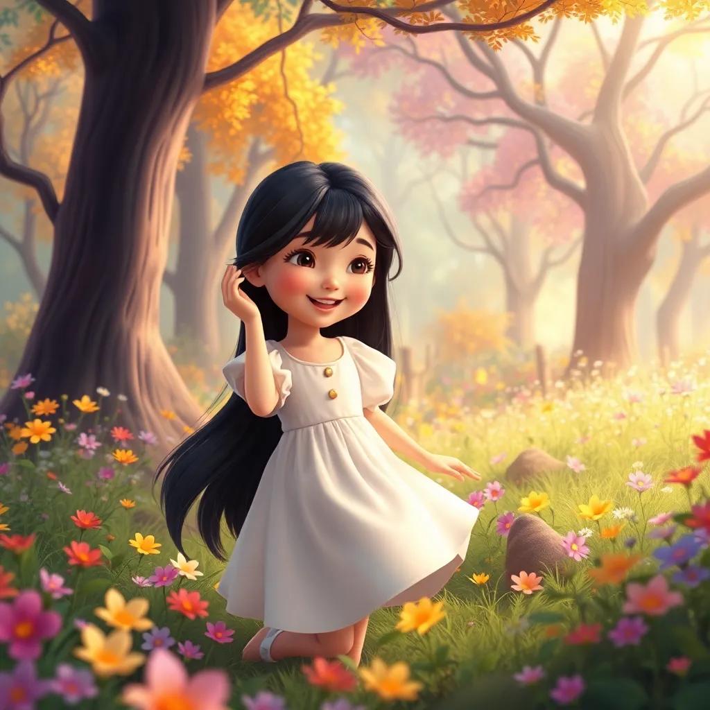 A beautiful girl, بيضاء الثلج, with long black hair and a white dress, playing in a magical forest full of colorful trees and flowers, joyful expression, playful atmosphere, bright colors, heartwarming scene, enchanting
