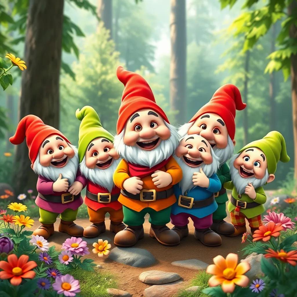 Seven friendly dwarfs, smiling happily, playing around بيضاء الثلج in the forest, wearing colorful clothes and hats, surrounded by vibrant flowers and green trees, fun and cheerful, playful atmosphere, child-friendly