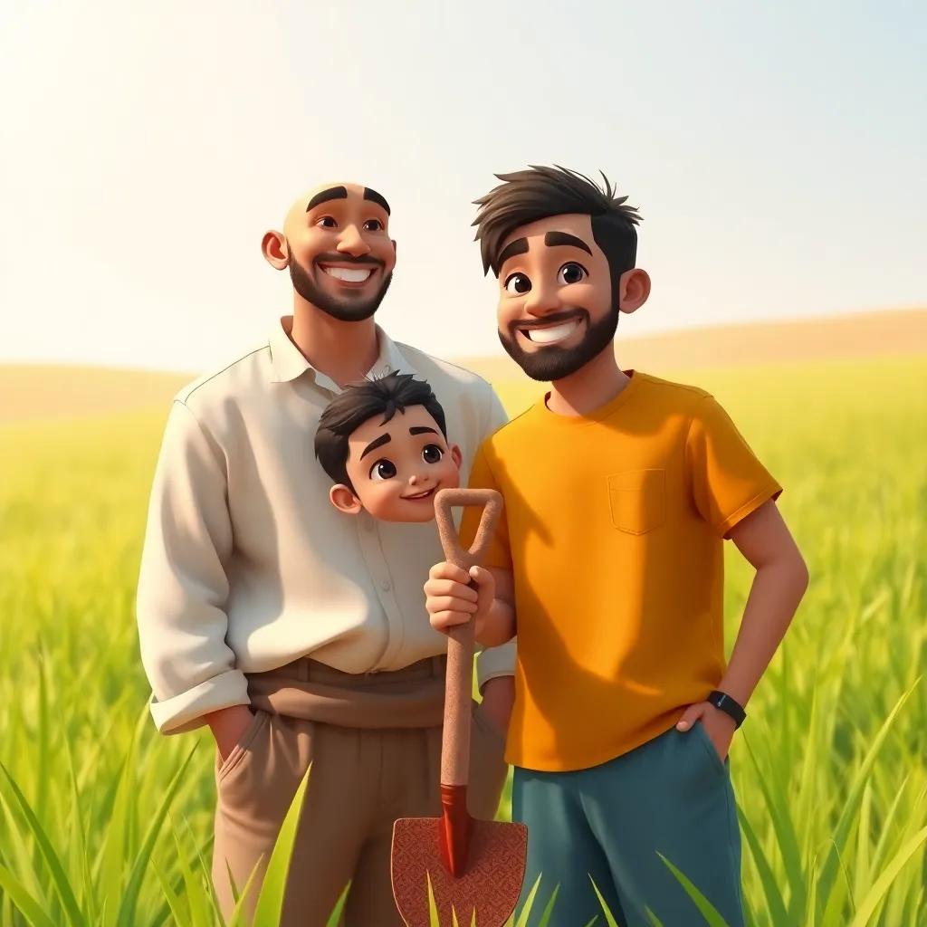 A father named Youssef, a Middle-Eastern man, in his thirties, wearing a simple shirt and pants, smiling at his young son Hassan, who is holding a small shovel, in a sunny field with green grass, digital art, warm colors, cheerful atmosphere, high quality.