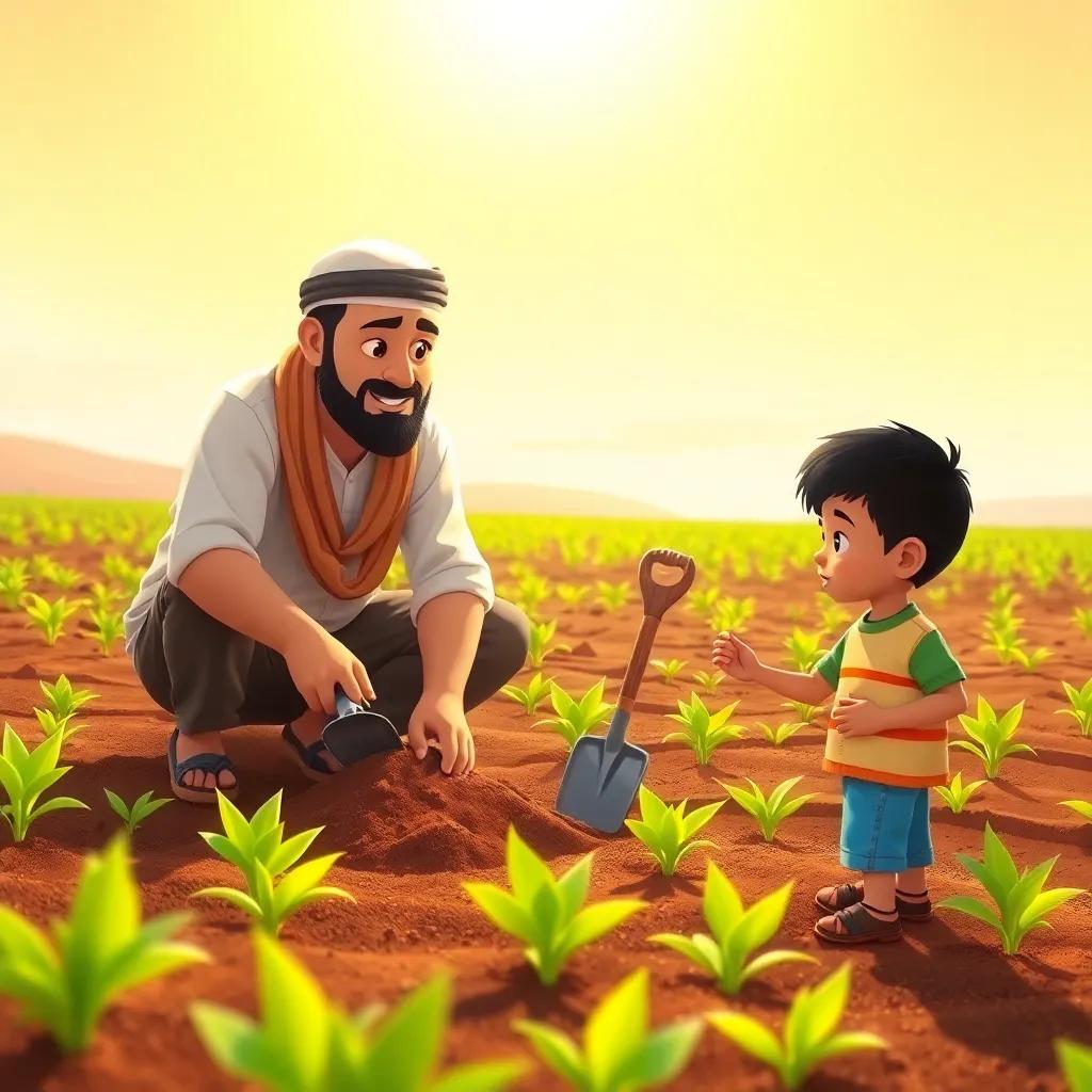Youssef, a Middle-Eastern man in his thirties, planting seeds in a field, with Hassan, a young boy holding a small shovel, watching him with curiosity; bright green plants starting to sprout around them, warm sunlight shining down, illustration, uplifting, engaging scenery, child-friendly.