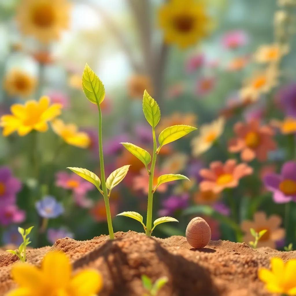 A small plant with green leaves reaching towards the sky, next to the seed, vibrant garden background with beautiful flowers, cheerful and inviting, illustration, colorful, fantasy, child-friendly.