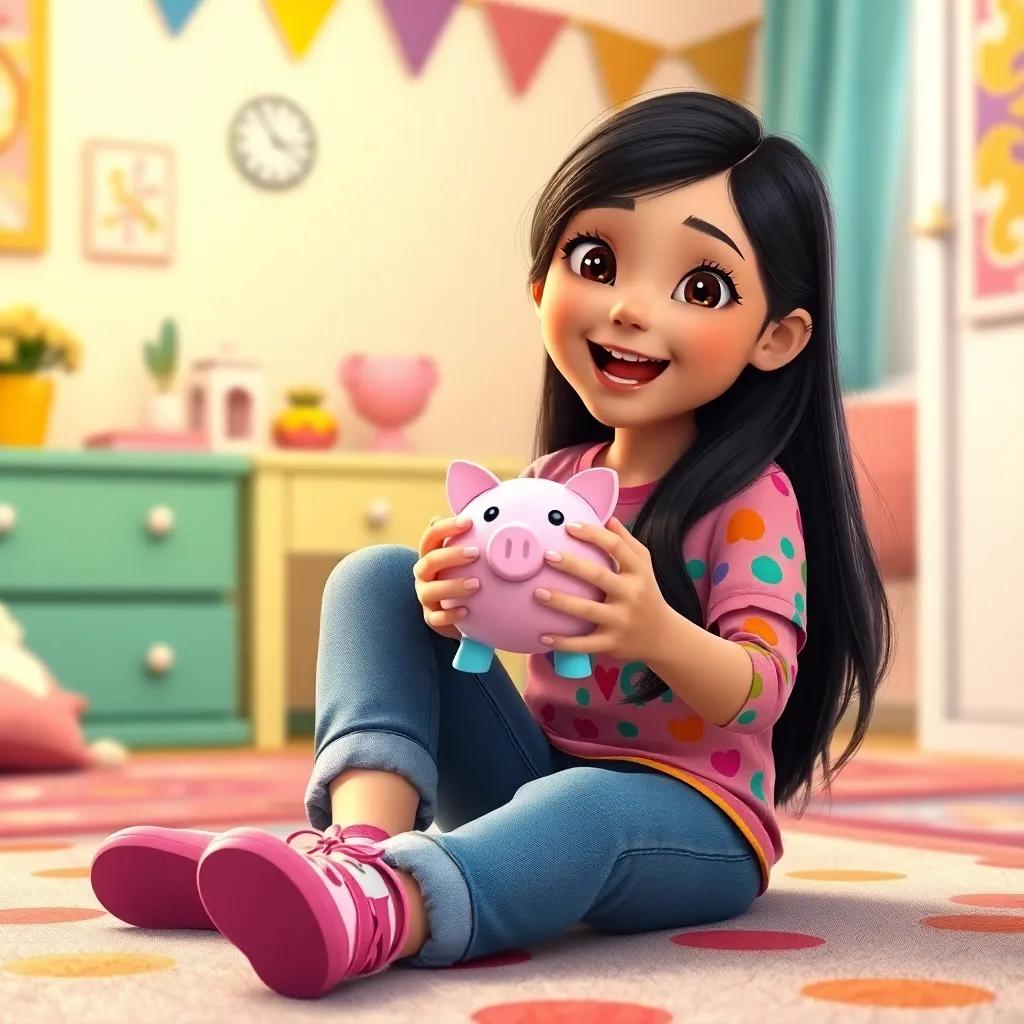 A young girl, Tala, with long black hair, wearing a colorful shirt and jeans, sitting on her bedroom floor excitedly holding her new piggy bank, colorful decor around, digital art, warm light, cheerful atmosphere, high quality
