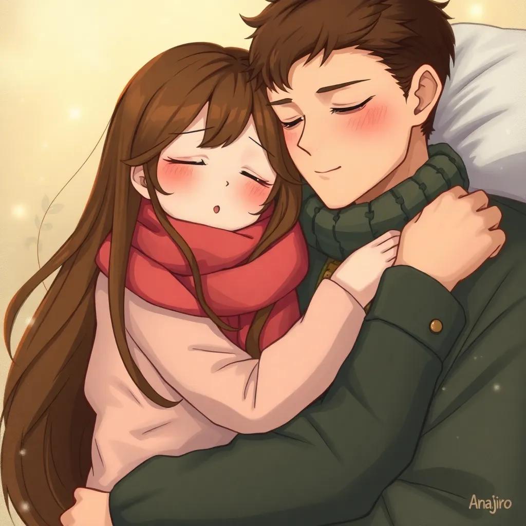 A gentle girl, Anahita, with long brown hair wearing a cute winter dress and a cozy scarf, waking up slowly in the arms of Tanjiro, warmth of friendly love, soft light, emotional scene, detailed illustration