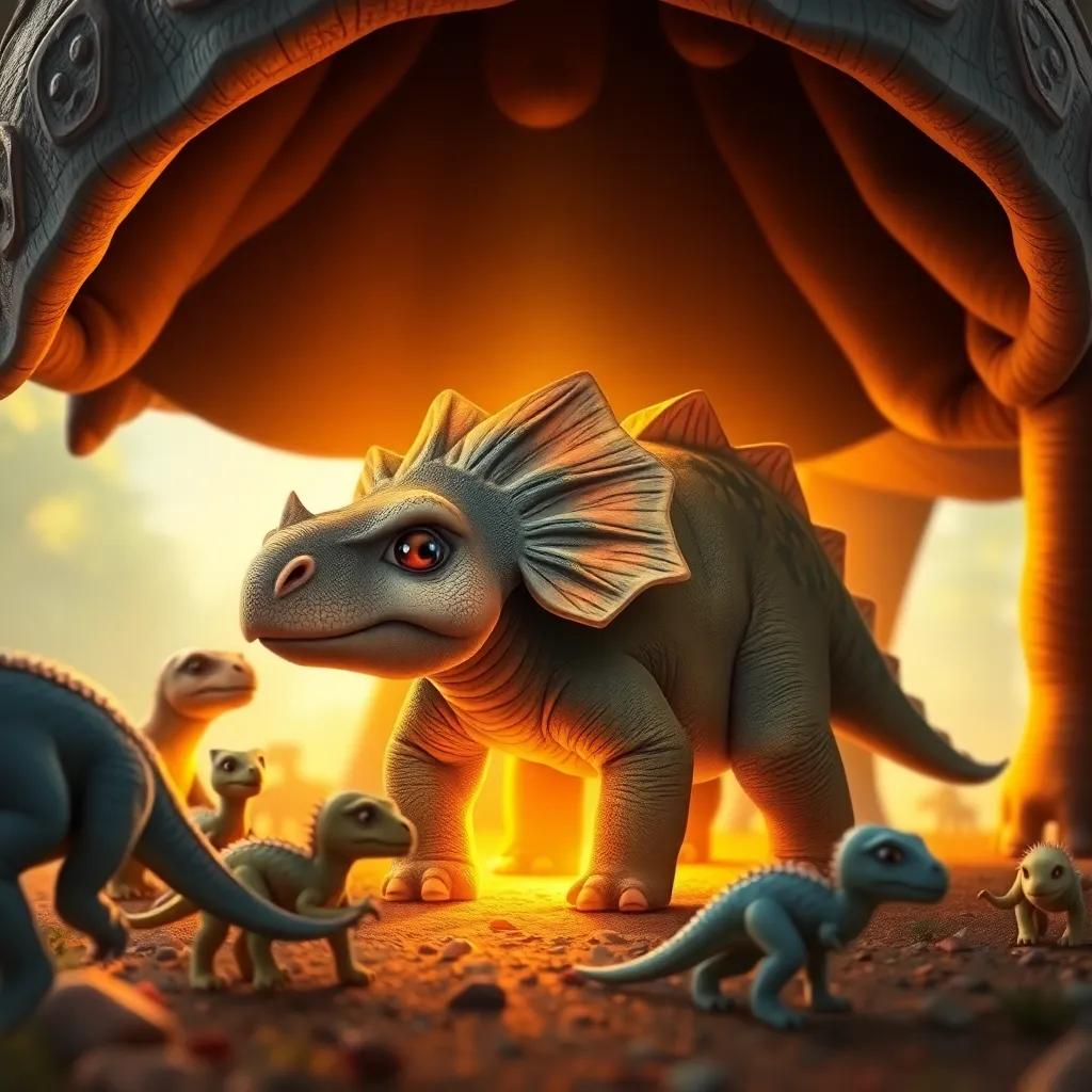 A young Triceratops, emerging from a thick shell, with a warm light shining down, surrounded by other baby dinosaurs and a huge mother Triceratops, digital art, warm and inviting colors, bright and vivid atmosphere, high quality