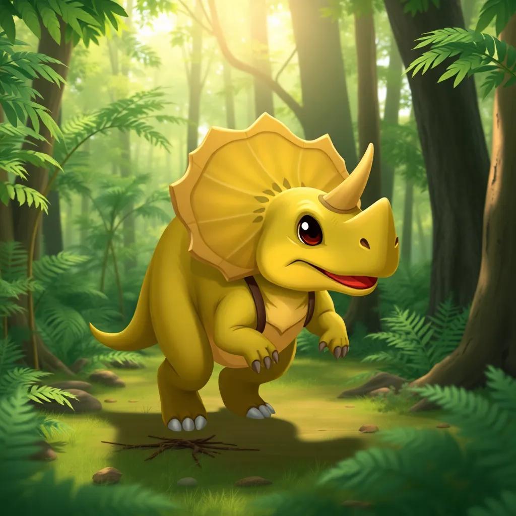 A young Triceratops, learning to stand on its legs in lush, green woods, with big ferns around and the sun filtering through the trees, illustration, cheerful and adventurous, rich in detail, child-friendly