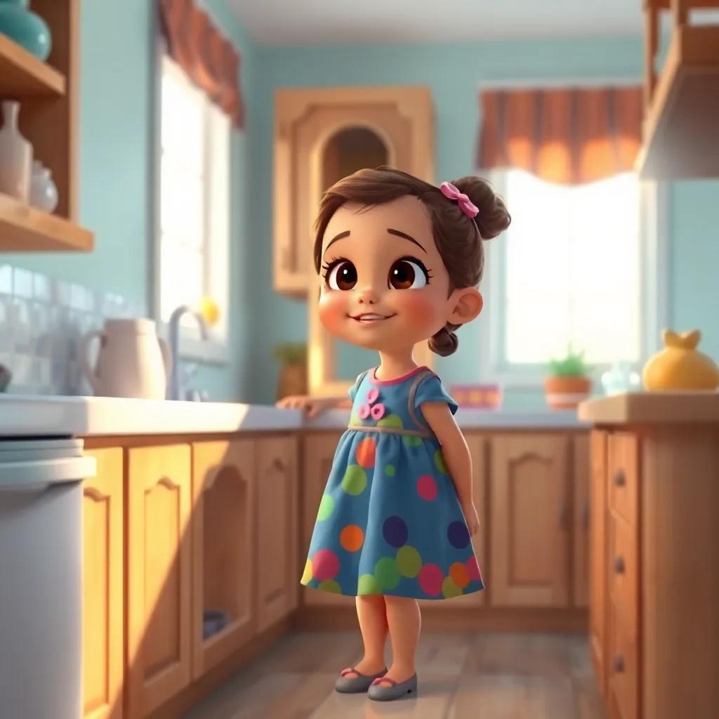 A small girl named Layla, wearing a colorful dress, watching her mother wash her hands in a bright kitchen, with sunlight streaming in, digital art, warm colors, cheerful atmosphere, high quality