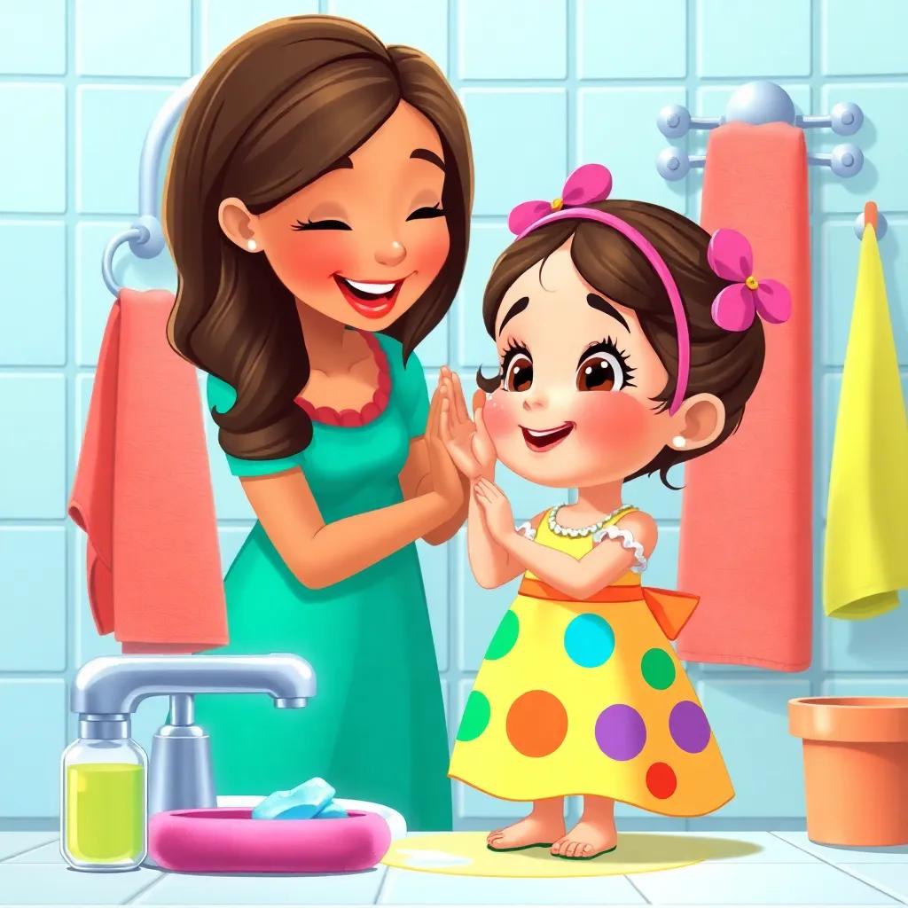 Layla, a small girl in a colorful dress, learning to wash her face in a bathroom, with her mother guiding her, surrounded by colorful towels and soap, illustration, joyful, child-friendly, vibrant