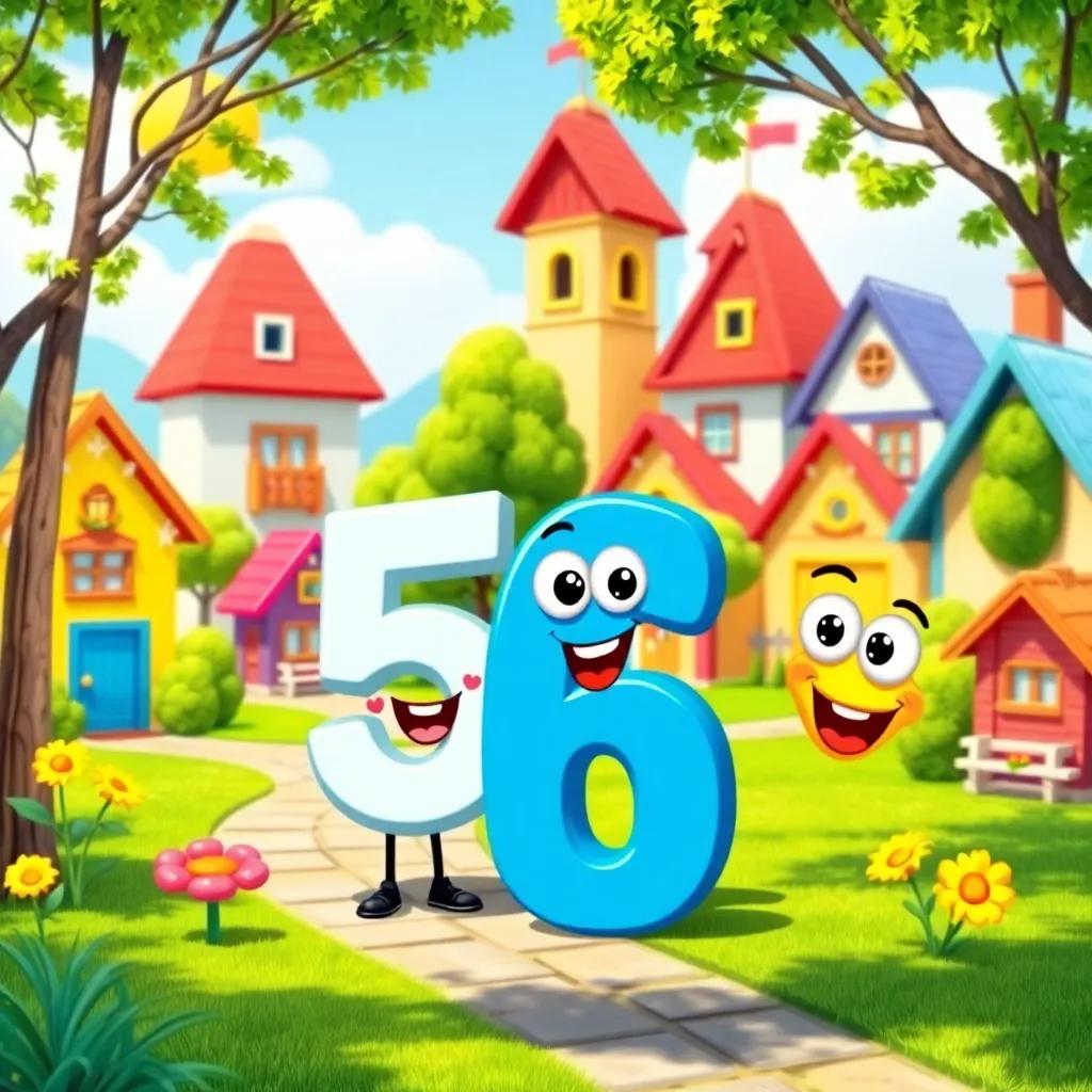 A colorful and cheerful town of numbers, with cartoon-style characters like 5 and 6, smiling and playing together in a sunny park, digital art, bright colors, playful atmosphere, high quality
