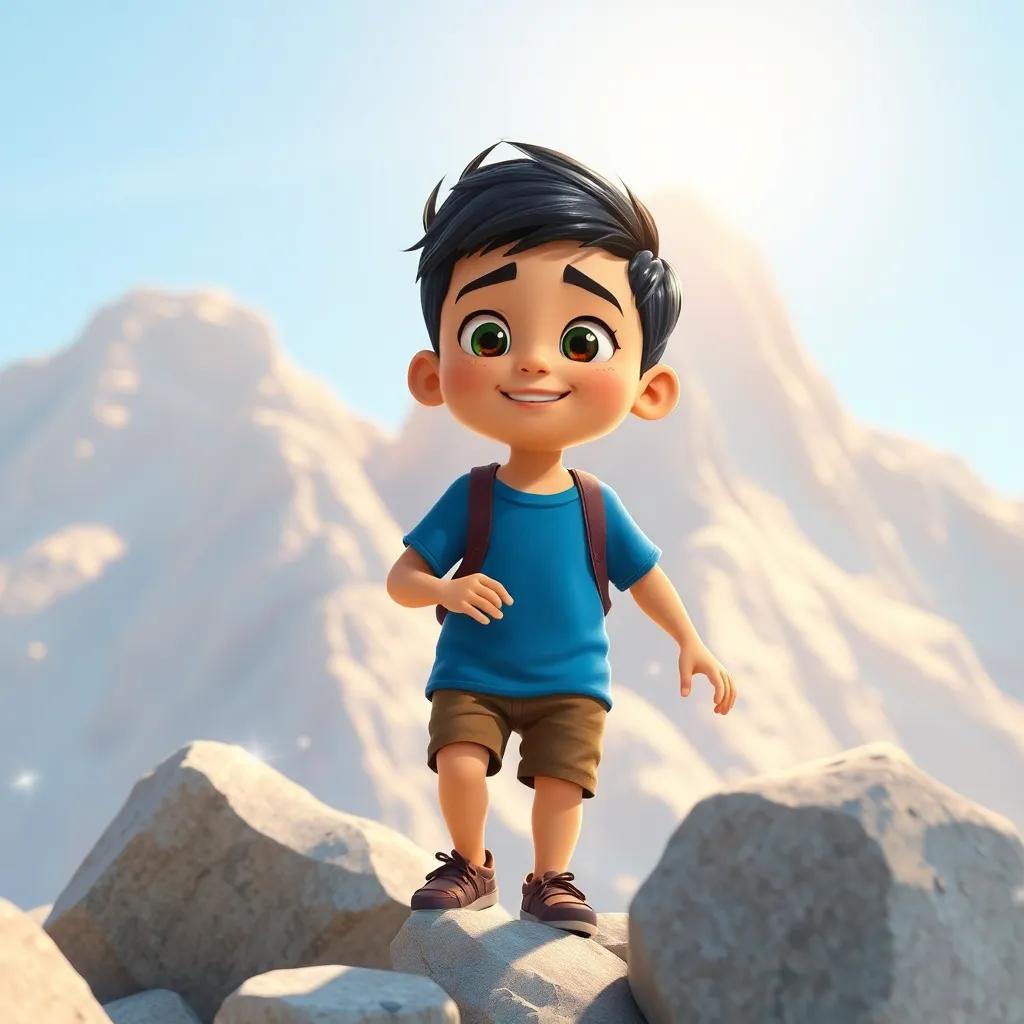 A young Arab boy, Sami, with short black hair, wearing a blue t-shirt and brown shorts, exploring a sunny mountain, surrounded by sparkling rocks, digital art, bright colors, cheerful atmosphere, high quality